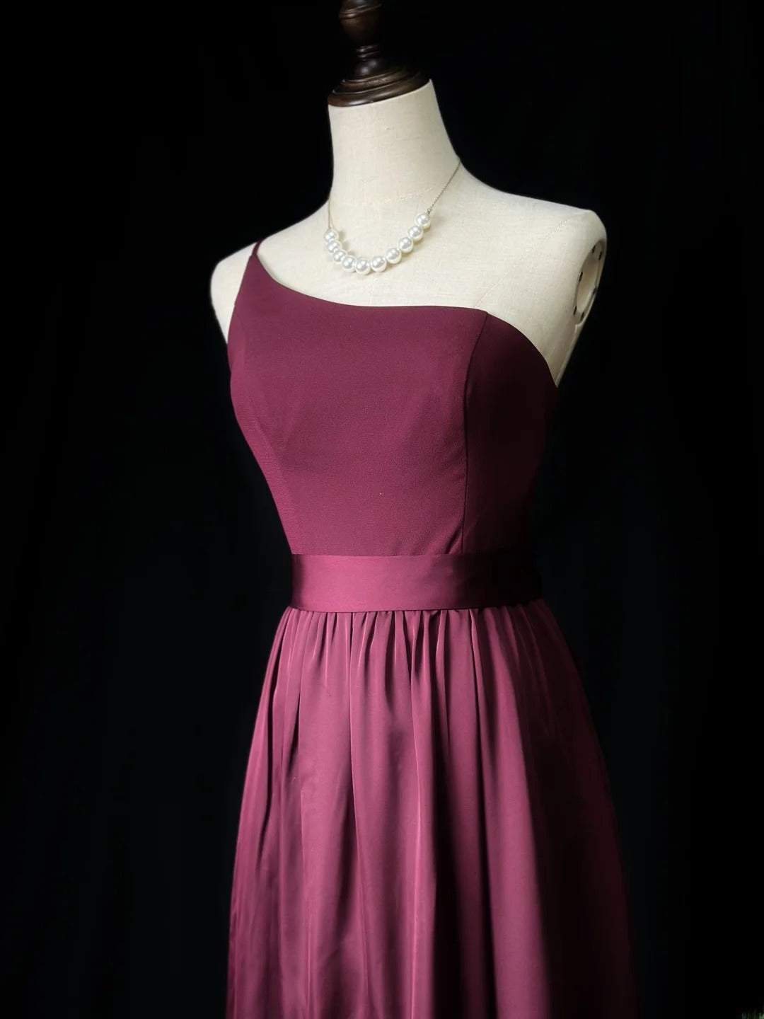 Retro A line One Shoulder Burgundy Satin Long Date Night Outfits Semi Formal Prom Wedding Guest Dresses RB5957