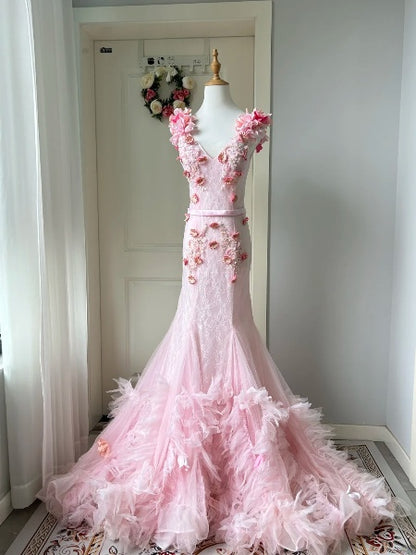 Prom Dress Mermaid V Neck With 3D Flowers Lace Long Pink Formal Party Gown For Senior Women RC0511