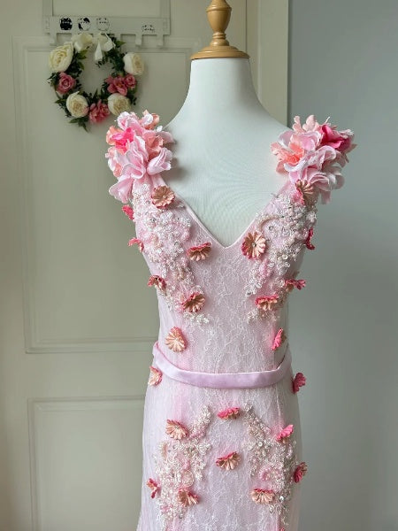 Prom Dress Mermaid V Neck With 3D Flowers Lace Long Pink Formal Party Gown For Senior Women RC0511
