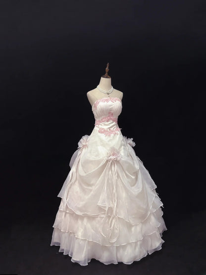 Modest Ball Gown Strapless Light Pink With Tiered Layers Long Quince Dress Voluminous Sweet 16 Sweet Sixteen Outfits Vestido de 15 RB7527