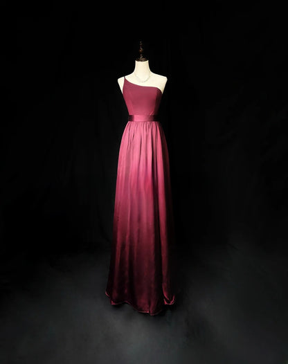 Retro A line One Shoulder Burgundy Satin Long Date Night Outfits Semi Formal Prom Wedding Guest Dresses RB5957
