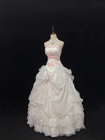 Modest Ball Gown Strapless Light Pink With Tiered Layers Long Quince Dress Voluminous Sweet 16 Sweet Sixteen Outfits Vestido de 15 RB7527