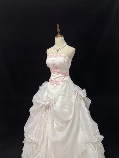 Modest Ball Gown Strapless Light Pink With Tiered Layers Long Quince Dress Voluminous Sweet 16 Sweet Sixteen Outfits Vestido de 15 RB7527