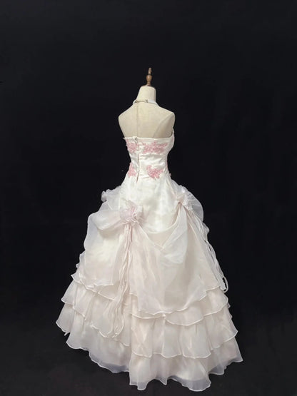 Modest Ball Gown Strapless Light Pink With Tiered Layers Long Quince Dress Voluminous Sweet 16 Sweet Sixteen Outfits Vestido de 15 RB7527