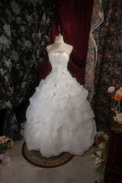 Chic Ball Gown Strapless Organza White Long Tiered Flowers Quince Dress inspo Party Gowns Sweet 16 Outfits RB8286