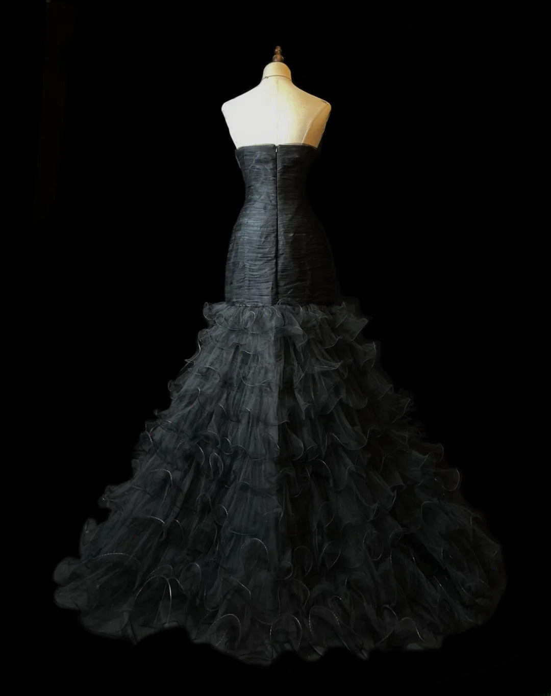 Modest Prom Dresses Mermaid Strapless Black Tie Dress With Ruffled Long Formal Outfits RB5958