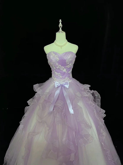 Modest Ball Gown Sweetheart Lilac With Tiered Layers Appliqued Long Quince Dress Voluminous Sweet 16 Sweet Sixteen Outfits Vestido de 15 RB7528
