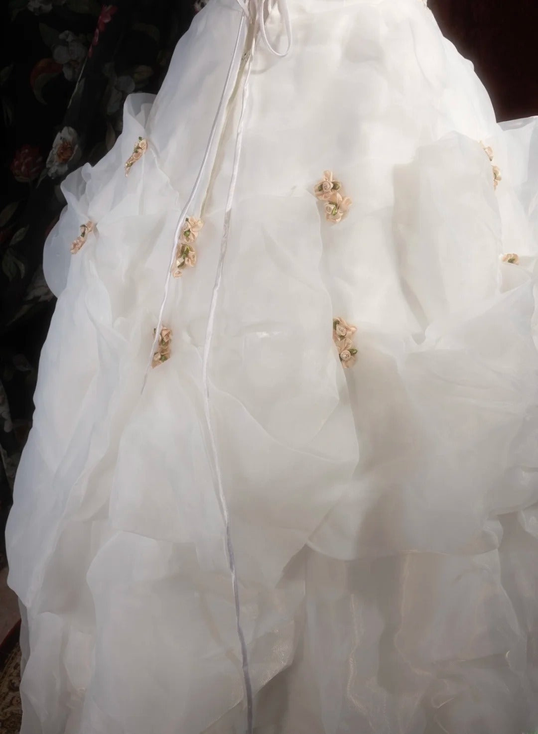 Chic Ball Gown Strapless Organza White Long Tiered Flowers Quince Dress inspo Party Gowns Sweet 16 Outfits RB8286