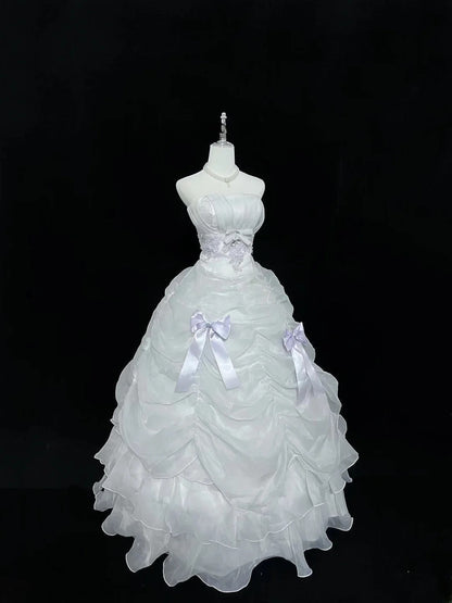 Modest Ball Gown Strapless White With Tiered Layers Lilac Appliqued Long Quince Dress Voluminous Sweet 16 Sweet Sixteen Outfits Vestido de 15 RB7529