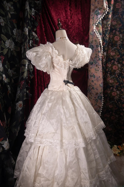 Chic Ball Gown Square Neck Organza White Long Tiered With Puffy Sleeves Quince Dress inspo Party Gowns Sweet 16 Outfits RB8287