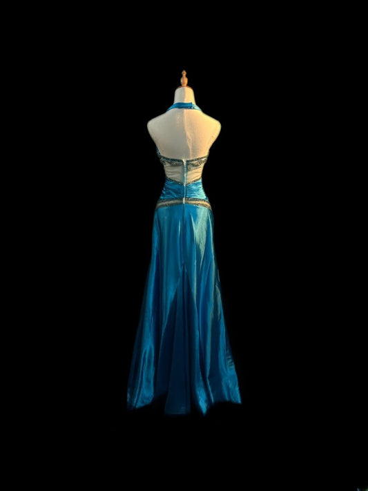 Vintage 70s Prom Dresses Mermaid Halter Blue Satin With Beaded Bodice For Women Long Evening Formal Outfits RB3593