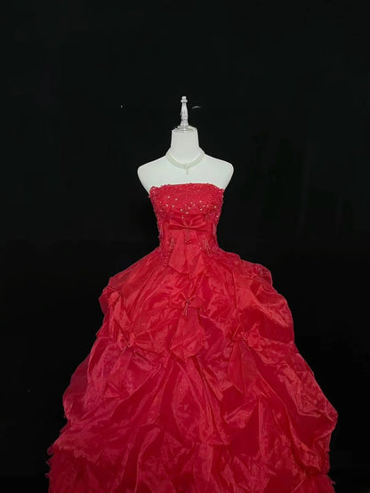 Modest Ball Gown Strapless Red With Tiered Layers Appliqued Long Quince Dress Voluminous Sweet 16 Sweet Sixteen Outfits Vestido de 15 RB7530