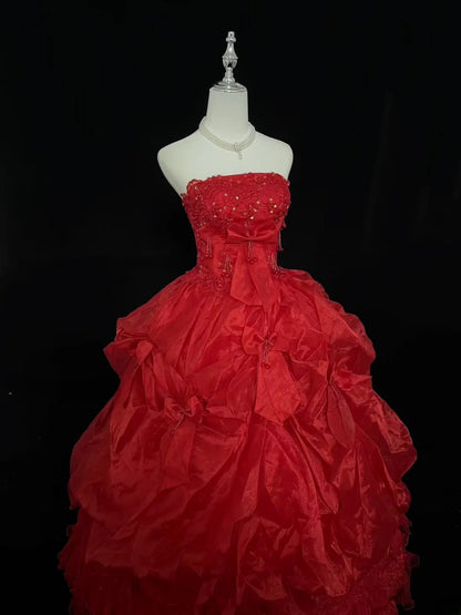 Modest Ball Gown Strapless Red With Tiered Layers Appliqued Long Quince Dress Voluminous Sweet 16 Sweet Sixteen Outfits Vestido de 15 RB7530