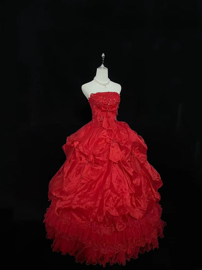 Modest Ball Gown Strapless Red With Tiered Layers Appliqued Long Quince Dress Voluminous Sweet 16 Sweet Sixteen Outfits Vestido de 15 RB7530
