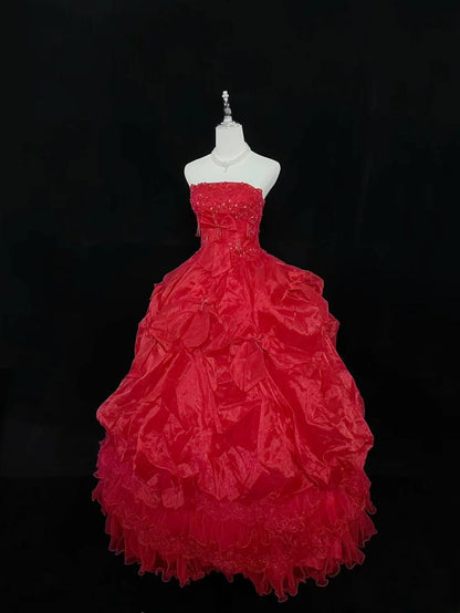 Modest Ball Gown Strapless Red With Tiered Layers Appliqued Long Quince Dress Voluminous Sweet 16 Sweet Sixteen Outfits Vestido de 15 RB7530