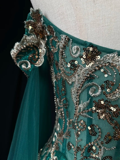Classy Prom Dresses Ball Gown Off The Shoulder Dark Green With Long Sleeves Gold Lace Tulle Formal Outfits RB5959