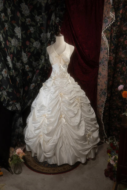 Vintage Ball Gown Halter Taffeta 1950s White Appliqued With Beading Long Autumn Winter Brides Gown Bridal Dress Wedding Dresses RB8288