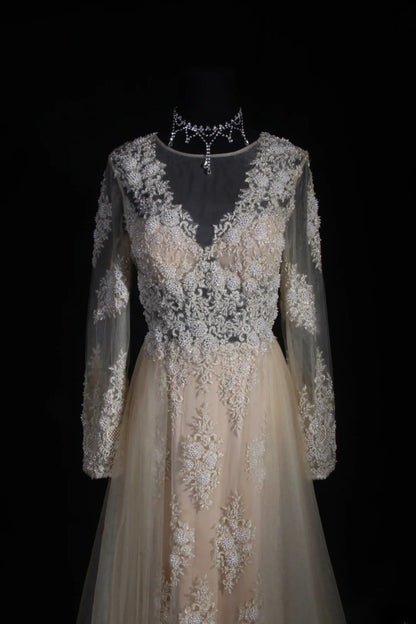 Elegant Women's A line V Neck With Long Sleeves Champagne Lace Floor Length Wedding Gowns Dresses AS151