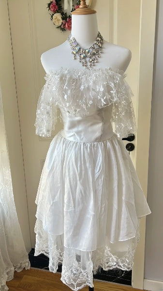 Chic Wedding Dress A line Off The Shoulder Short White Lace Summer Bridal Gown RC0515