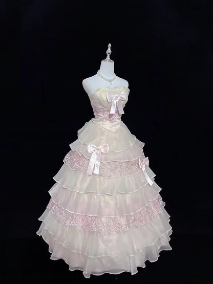 Modest Ball Gown Strapless Pink With Tiered Layers Appliqued Long Quince Dress Voluminous Sweet 16 Sweet Sixteen Outfits Vestido de 15 RB7531