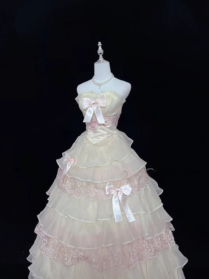 Modest Ball Gown Strapless Pink With Tiered Layers Appliqued Long Quince Dress Voluminous Sweet 16 Sweet Sixteen Outfits Vestido de 15 RB7531