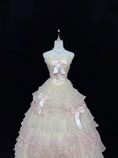 Modest Ball Gown Strapless Pink With Tiered Layers Appliqued Long Quince Dress Voluminous Sweet 16 Sweet Sixteen Outfits Vestido de 15 RB7531