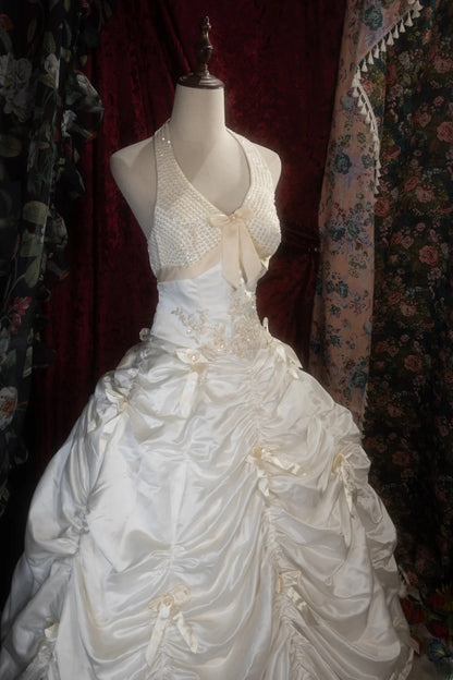 Vintage Ball Gown Halter Taffeta 1950s White Appliqued With Beading Long Autumn Winter Brides Gown Bridal Dress Wedding Dresses RB8288