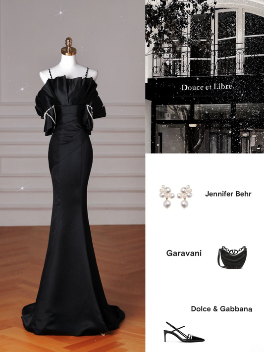 Modest Mermaid Spaghetti Straps Black Prom Dresses Inspiration Satin Prom Dress Graduation Dress AS152