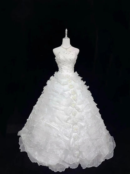 Modest Ball Gown Strapless White With Tiered Layers Beading Long Quince Dress Voluminous Sweet 16 Sweet Sixteen Outfits Vestido de 15 RB7532