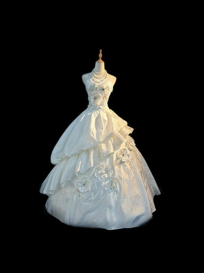 Elegant Classy Ball Gown Strapless White Taffeta With Ruffled Brides Gown Bridal Dress Long Poofy Wedding Dresses RB5804
