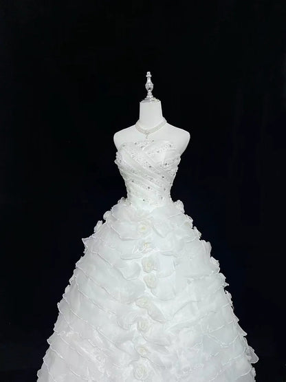 Modest Ball Gown Strapless White With Tiered Layers Beading Long Quince Dress Voluminous Sweet 16 Sweet Sixteen Outfits Vestido de 15 RB7532