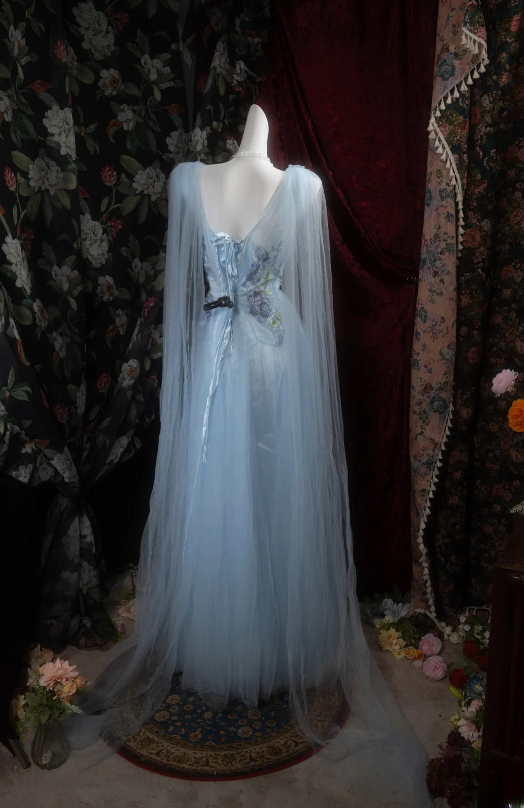 Charming A Line V Neckline Blue Tulle With Appliqued Long Prom Dresses Formal Outfits Evening Dress RB8289