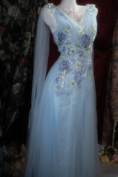Charming A Line V Neckline Blue Tulle With Appliqued Long Prom Dresses Formal Outfits Evening Dress RB8289