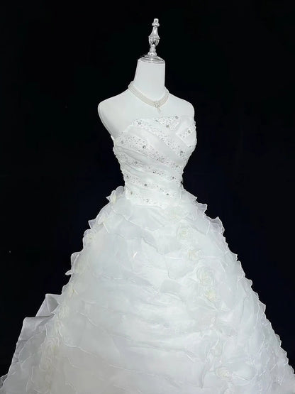 Modest Ball Gown Strapless White With Tiered Layers Beading Long Quince Dress Voluminous Sweet 16 Sweet Sixteen Outfits Vestido de 15 RB7532