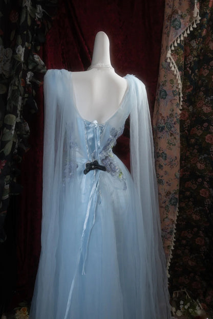 Charming A Line V Neckline Blue Tulle With Appliqued Long Prom Dresses Formal Outfits Evening Dress RB8289