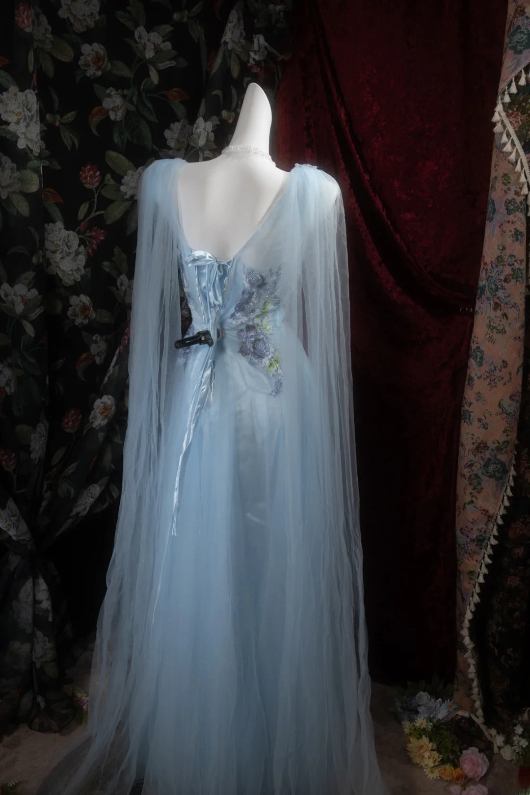 Charming A Line V Neckline Blue Tulle With Appliqued Long Prom Dresses Formal Outfits Evening Dress RB8289