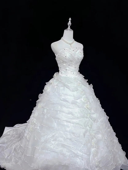 Modest Ball Gown Strapless White With Tiered Layers Beading Long Quince Dress Voluminous Sweet 16 Sweet Sixteen Outfits Vestido de 15 RB7532