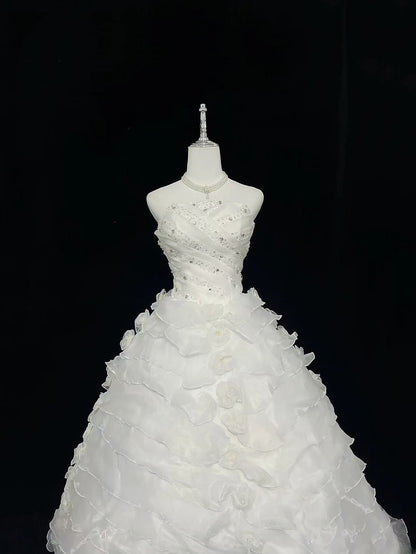 Modest Ball Gown Strapless White With Tiered Layers Beading Long Quince Dress Voluminous Sweet 16 Sweet Sixteen Outfits Vestido de 15 RB7532