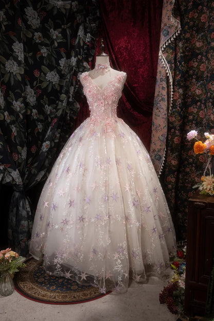 Chic Ball Gown V Neck Tulle Pink Long With Appliqued Quince Dress inspo Party Gowns Sweet 16 Outfits RB8290