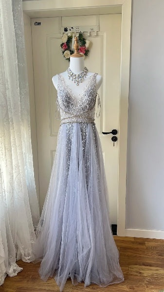Prom Dress A line Grey V Neck With Beading Long Tulle Formal Party Gown For Senior Women RC0517