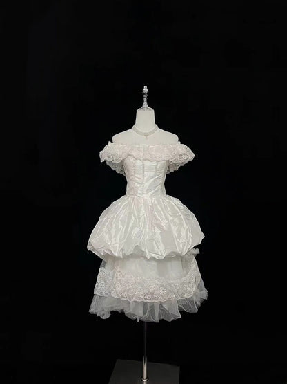 Vintage Ball Gown Off The Shoulder Short Ivory With Tiered Layers Brides Gown Bridal Dress Wedding Dresses Style RB7533