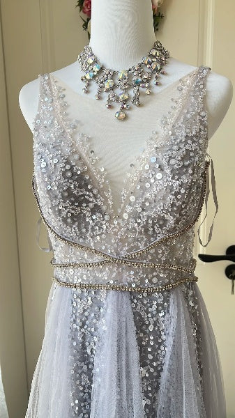 Prom Dress A line Grey V Neck With Beading Long Tulle Formal Party Gown For Senior Women RC0517