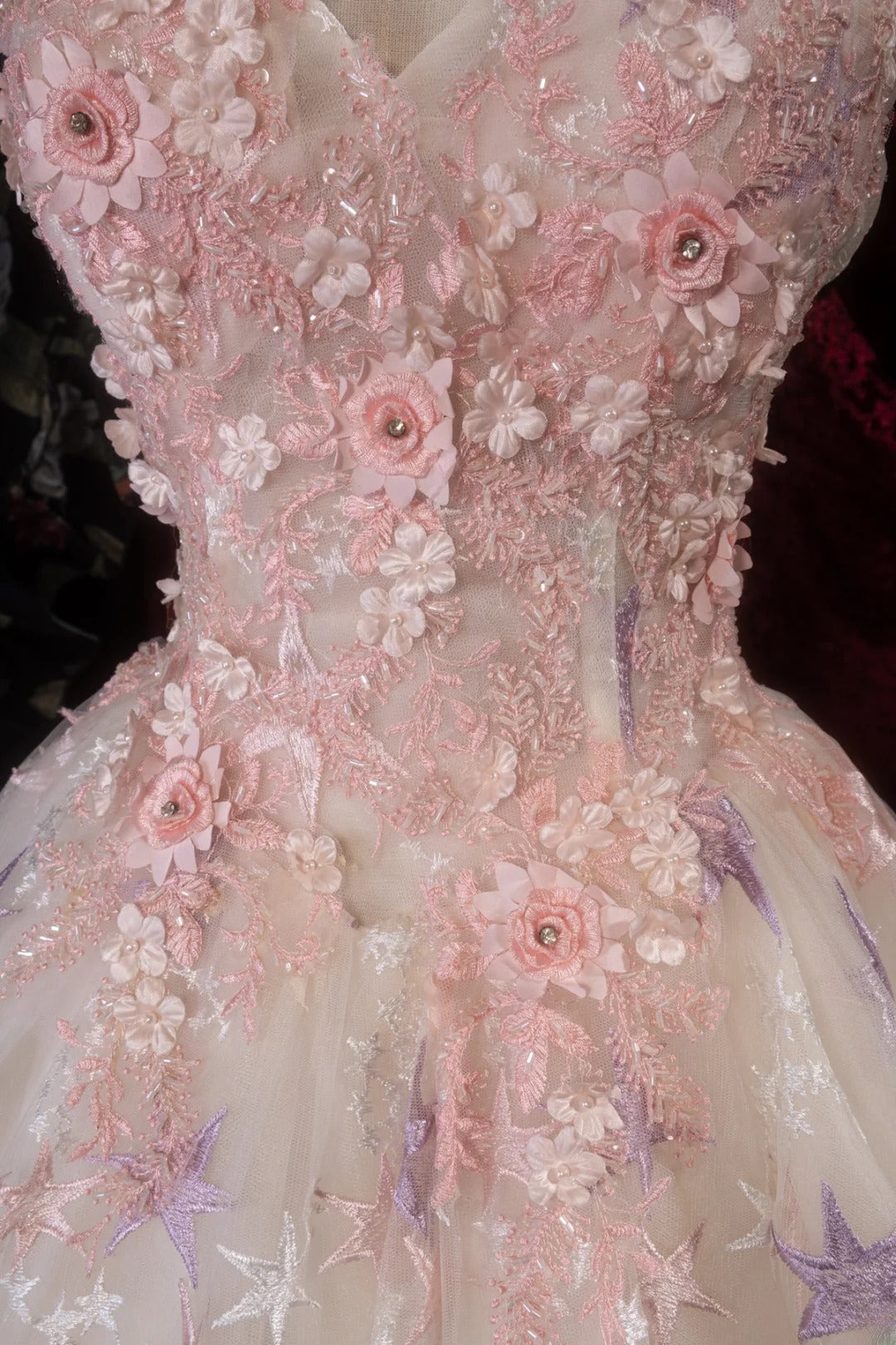 Chic Ball Gown V Neck Tulle Pink Long With Appliqued Quince Dress inspo Party Gowns Sweet 16 Outfits RB8290