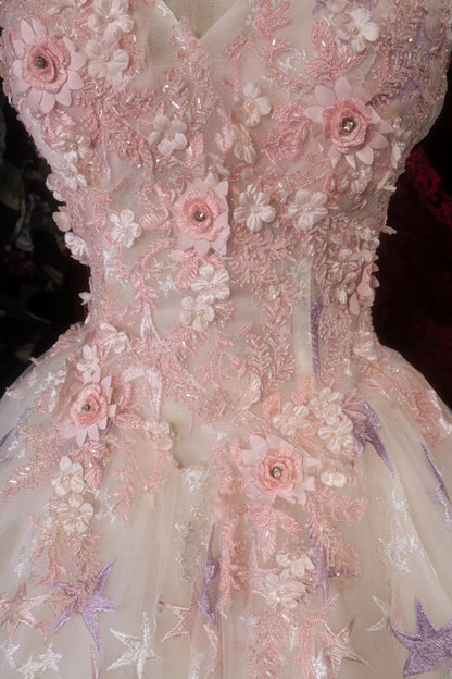 Chic Ball Gown V Neck Tulle Pink Long With Appliqued Quince Dress inspo Party Gowns Sweet 16 Outfits RB8290