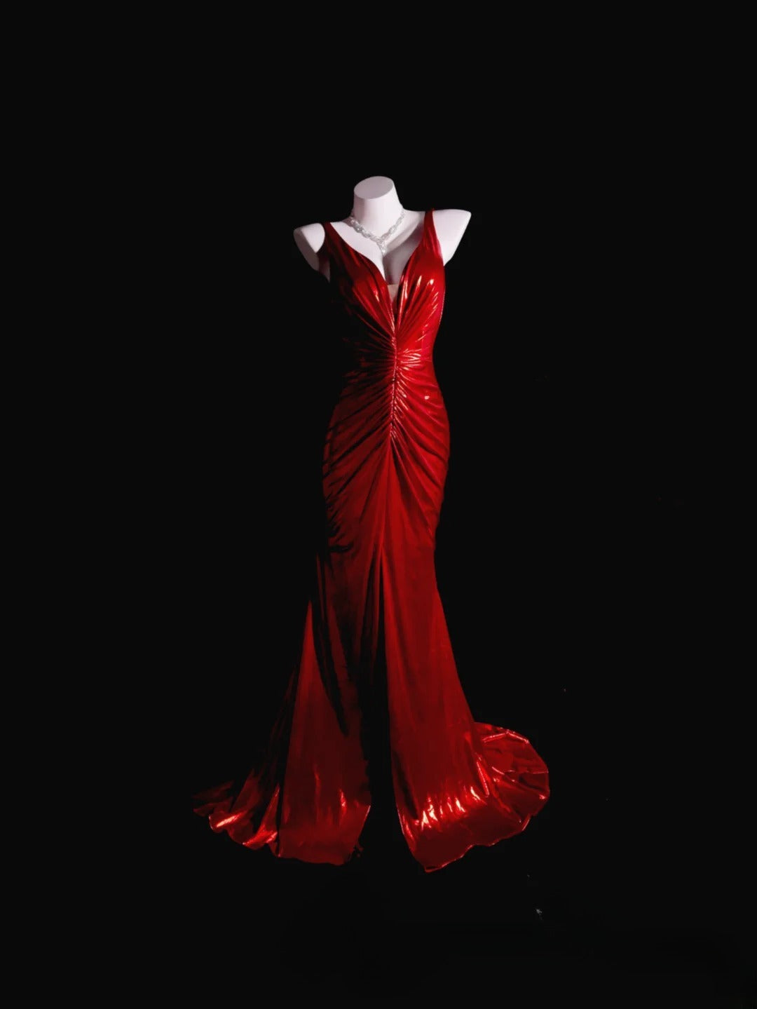 Red Prom Dress Inspo Mermaid V Neck Satin With Slit Modest Long Formal Party Gown RB9946
