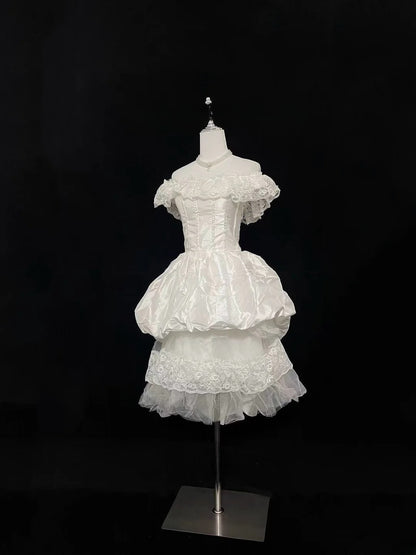 Vintage Ball Gown Off The Shoulder Short Ivory With Tiered Layers Brides Gown Bridal Dress Wedding Dresses Style RB7533
