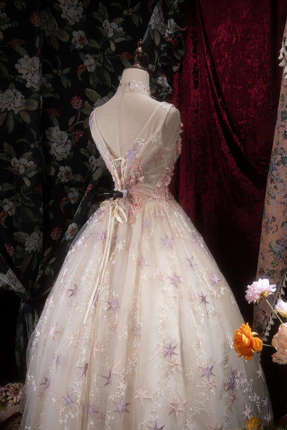 Chic Ball Gown V Neck Tulle Pink Long With Appliqued Quince Dress inspo Party Gowns Sweet 16 Outfits RB8290