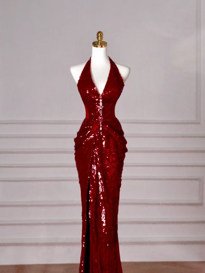 Glitter Mermaid Halter Burgundy With Sequins Long Formal Prom Dresses Dance Night Outfits Evening Birthday Outfit AB2209