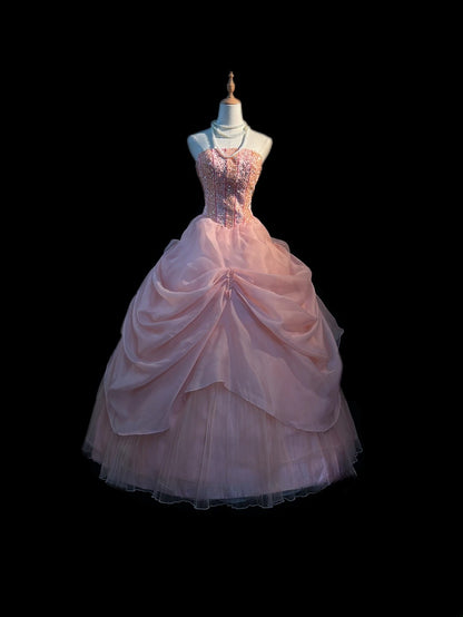 Princess Ball Gown Strapless Pink Tulle Long With Beading Sweet 16 Dresses Seventeen Quince Dress RB3595