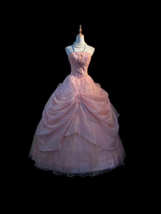 Princess Ball Gown Strapless Pink Tulle Long With Beading Sweet 16 Dresses Seventeen Quince Dress RB3595